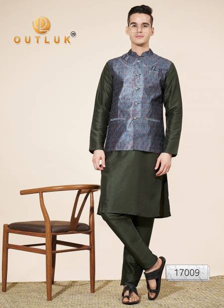 Grey And Mehendi Colour Outluk Wedding Collection Vol 17 Jaquard Mens Modi Jacket Kurta Pajama Exporters In India 17009