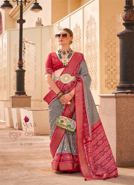Grey And Red Colour Shagun Patola By Rewaa Silk Designer Saree Catalog R 1138