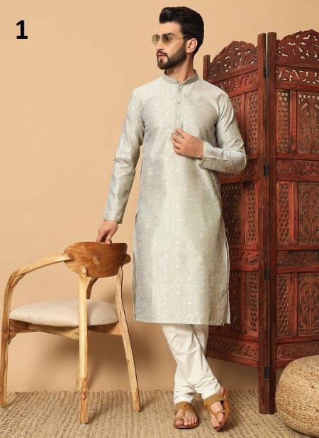 Grey And White Colour Outluk Vol 130 Jacquard Printed Mens Kurta Pajama Manufacturers 1