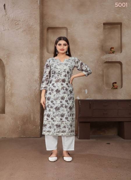 Grey And White Colour Rasika By Rasili Nx Chicken Kari Cotton Kurti With Bottom Online Wholesale 5001