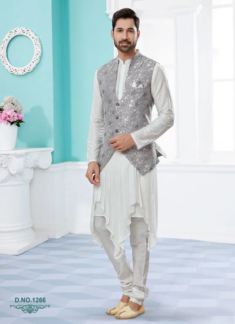 Grey And White Vol 15 Party Wear Mens Modi Jacket Kurta Pajama Online Wholesale 1266