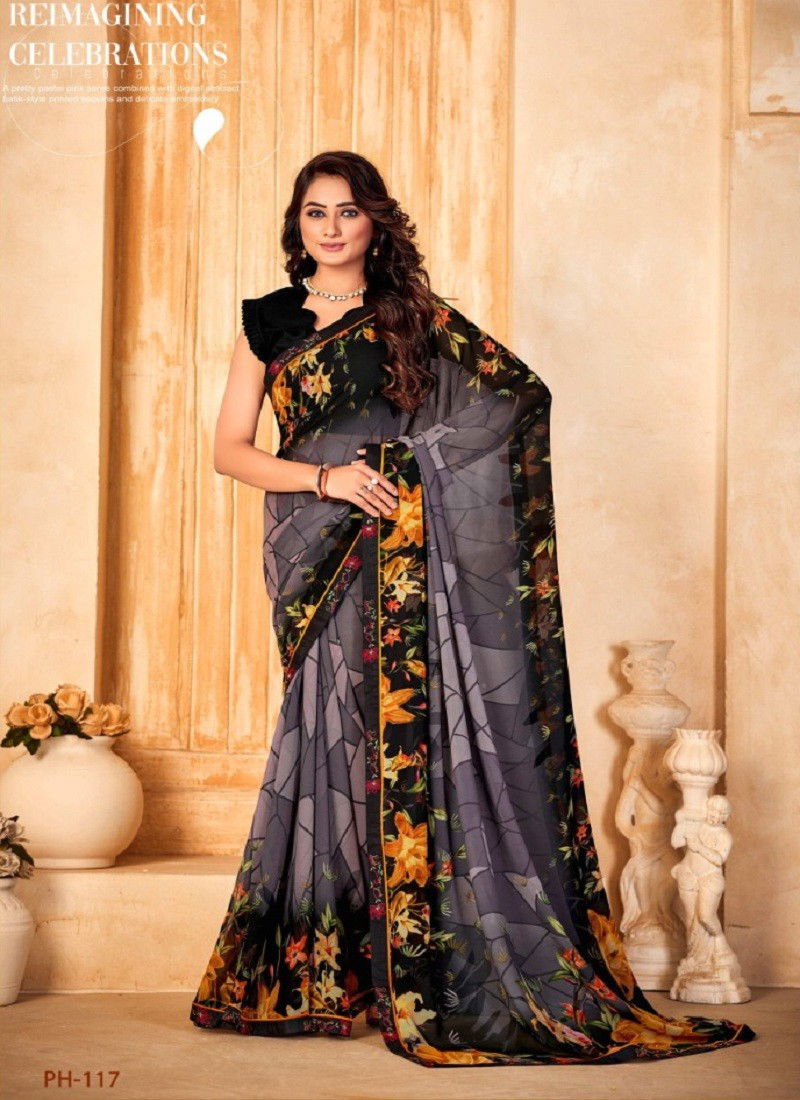 Grey Balck Multi Colour Panchi 2 By Shashvat Digital Printed Designer Bamber Silk Saree Manufacturers PH-117