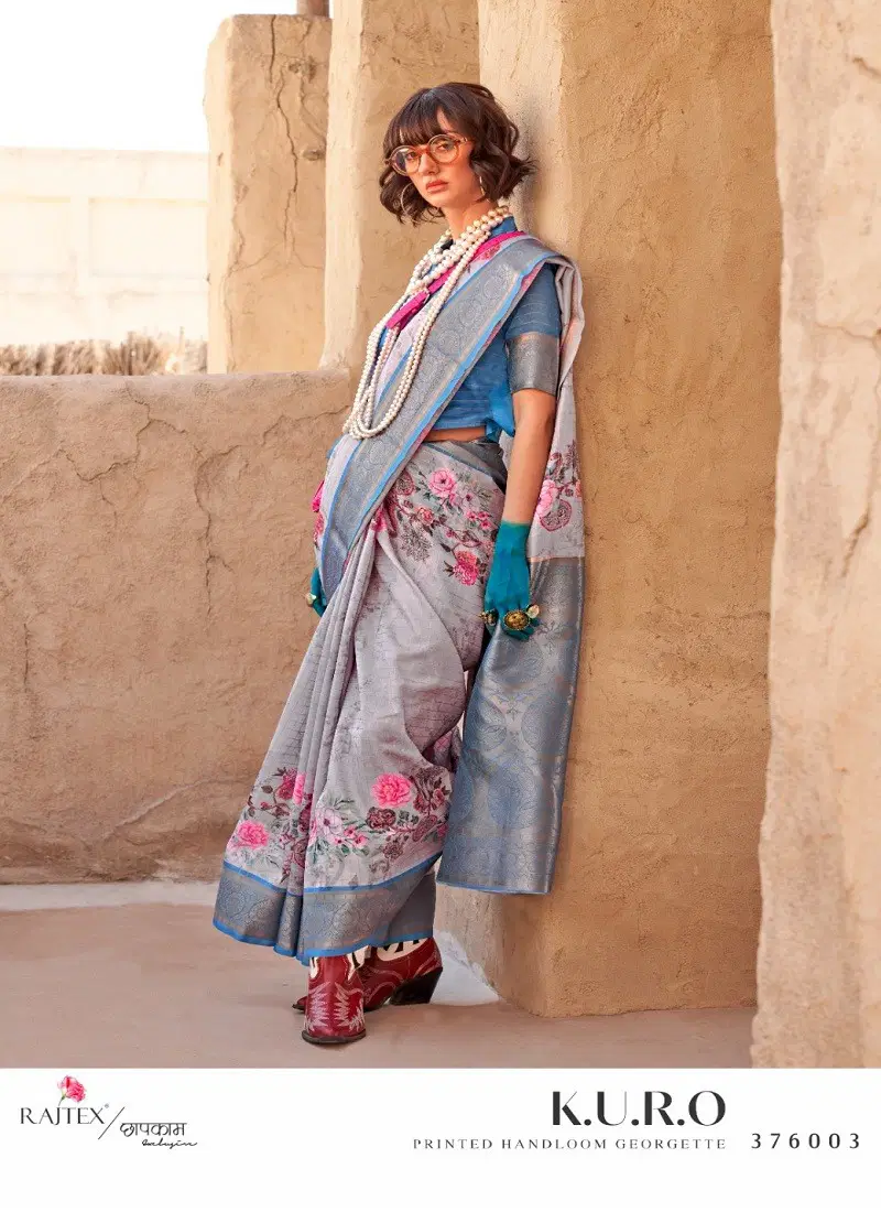 Grey Blue Colour Kuro By Rajtex Printed Georgette Handloom Weaving Saree Wholesalers In Delhi 376003