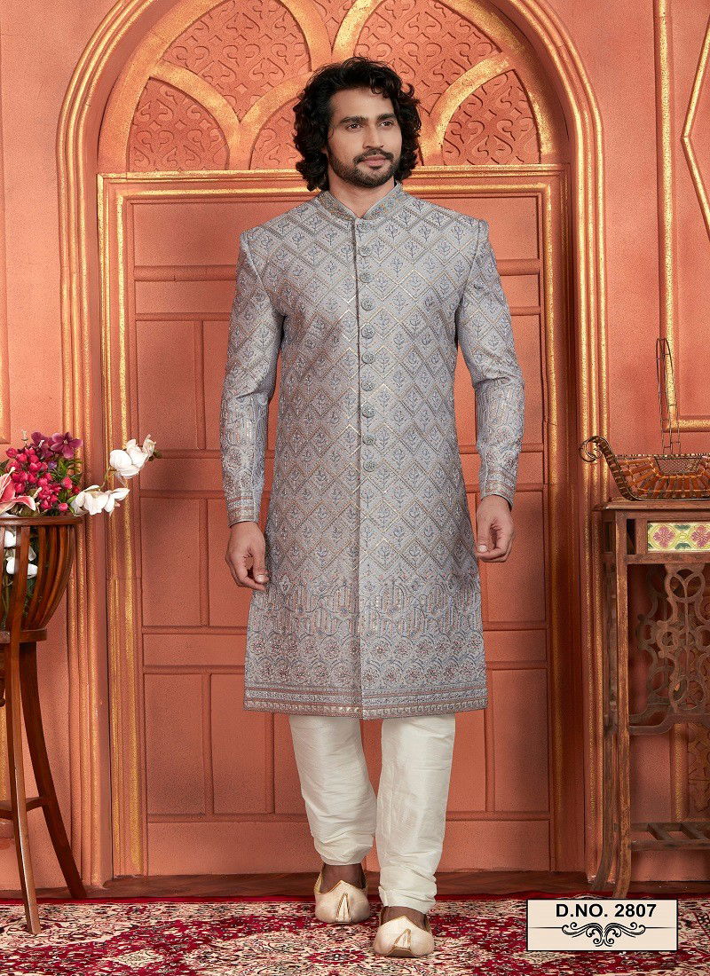 Grey Colour 1642 Wedding Mens Wear Art Silk Sherwani Suppliers In India 2807