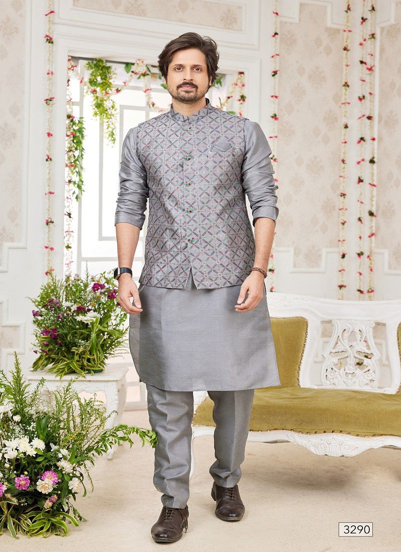 Grey Colour 1645 Wedding Wear Art Silk Mens Modi Jacket Kurta Pajama Exporters In India 3290