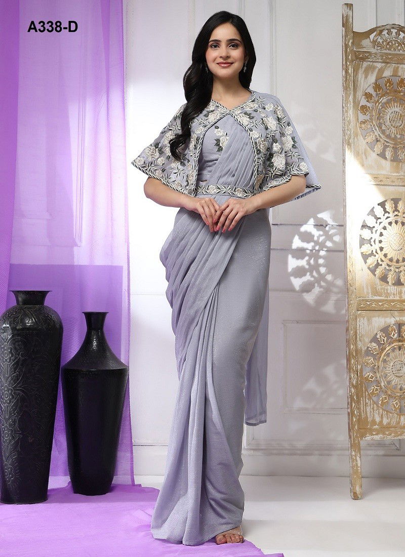 Grey Colour A338-A To A338-D Amoha Embroidery Ready To Wear Designer Sarees Manufacturers A338-D