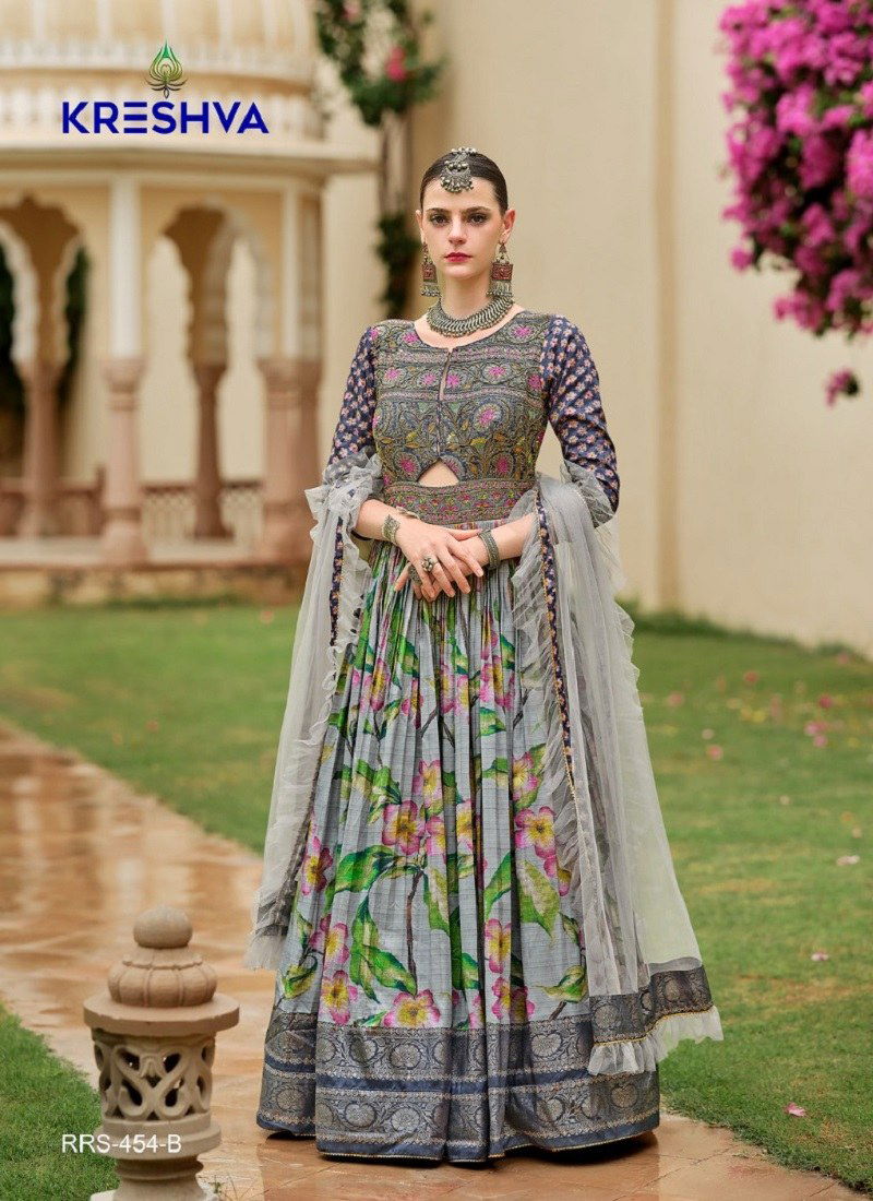 Grey Colour Aadyasha By Kreshva Smooth Silk Reception wear Gown Wholesale Online RRS 454 B