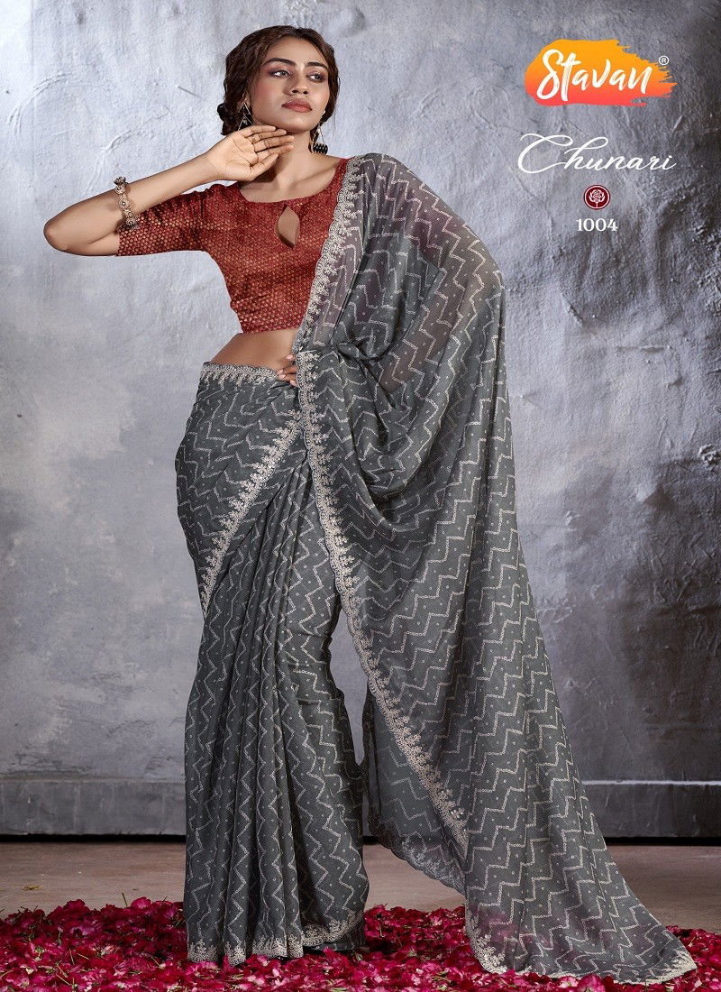 Grey Colour Chunari By Stavan Designer Chiffon Embroidery Sarees Wholesale Price In Surat 1004