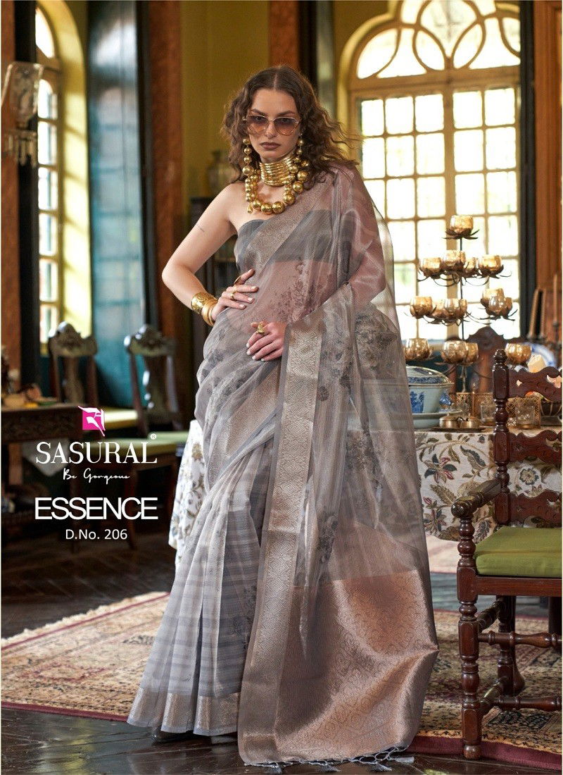 Grey Colour Essance By Sasural Digital Printed Banarasi Weave Organza Wholesale Saree In India 206