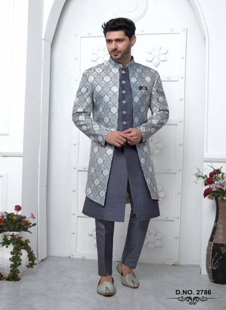 Grey Colour Function Wear Indo Western Mens Jacket Set Wholesale Price In Surat 2786