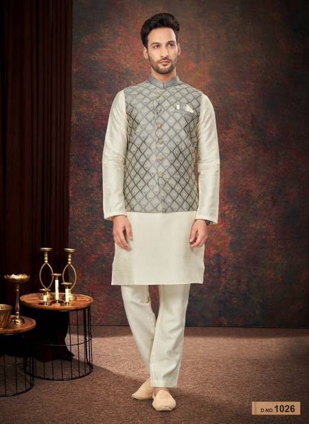 Grey Colour GS Fashion Party Wear Jacquard Mens Modi Jacket Kurta Pajama Wholesale Shop In Surat 1026