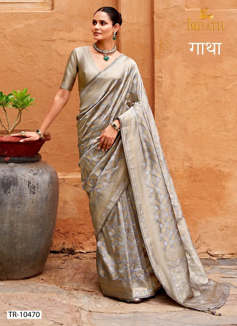 Grey Colour Gatha By Trirath Banarasi Silk Wedding Wear Saree Exporters In India TR-10470