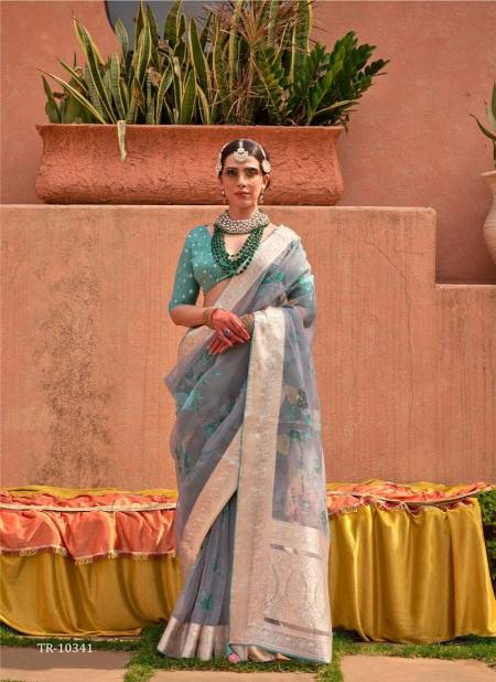 Grey Colour Geetanjali By Trirath P.V Organza Silk Printed Occasion Wear Surat Saree Wholesale Market TR-10341