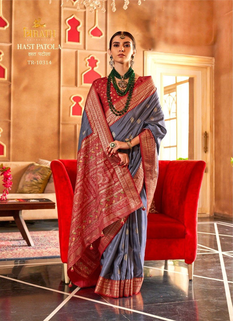 Grey Colour Hast Patola By Trirath Mercerizer Sigma Silk Printed Sarees Wholesale Shop In Surat TR-10314