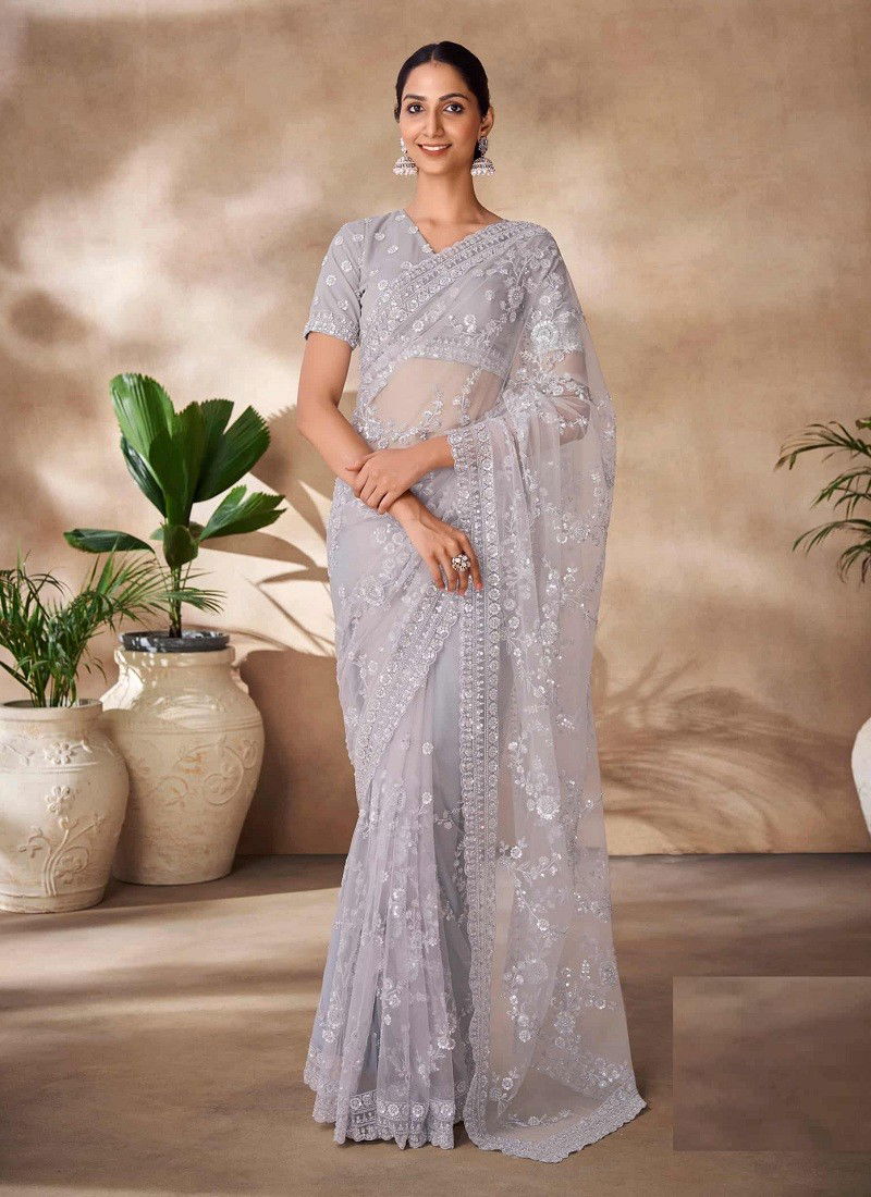 Grey Colour Imperial Vol 12 By Arya Party Wear Designer Net Saree Wholesale Shop In Surat 93007