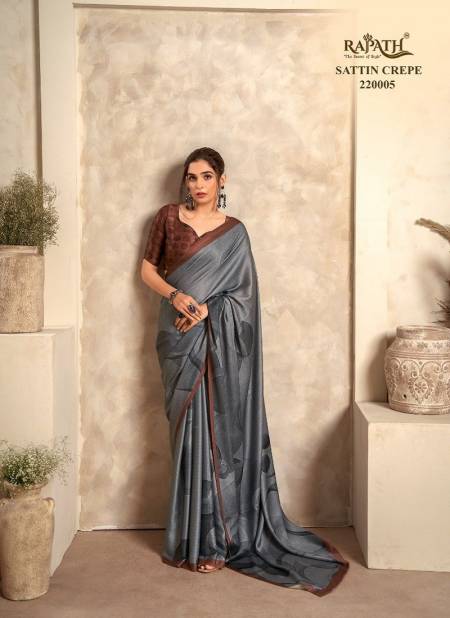 Grey Colour Jasmine By Rajpath Printed Satin Crape Casual Wear Saree Manufactures 220005