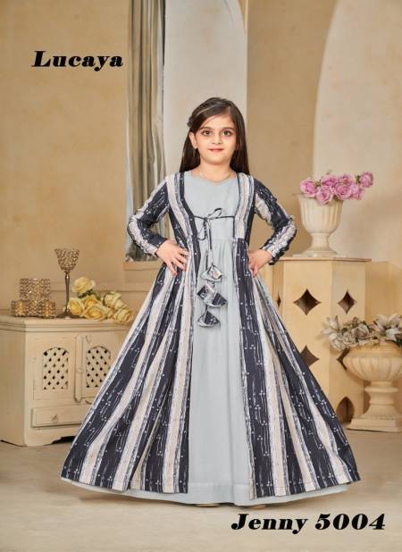 Grey Colour Jenny Vol 5 By Lucaya 5001 To 5004 Kids Wear Printed Heavy Rayon Girls Gown Wholesale Market In Surat 5004