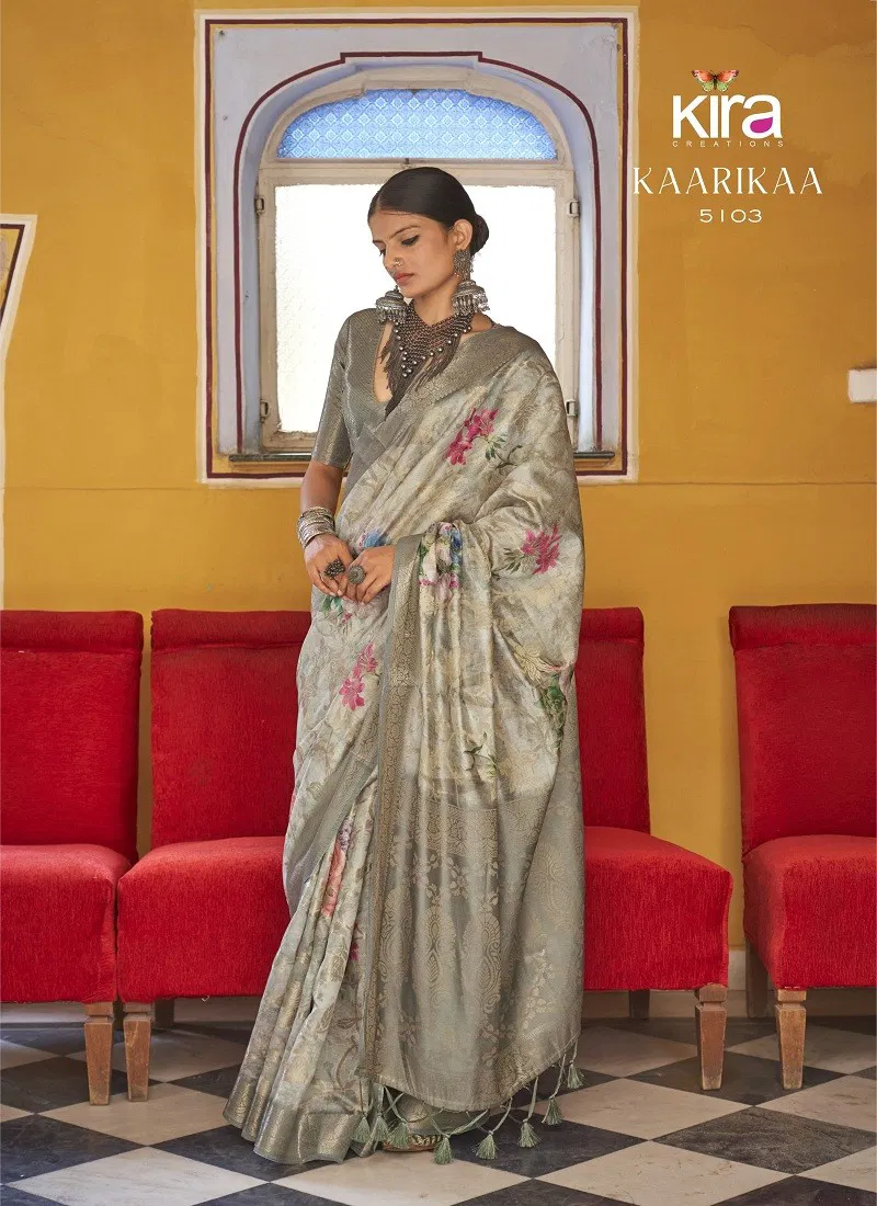 Grey Colour Kaarika By Kira Soft Cotton Silk Printed Saree Orders In India 5103