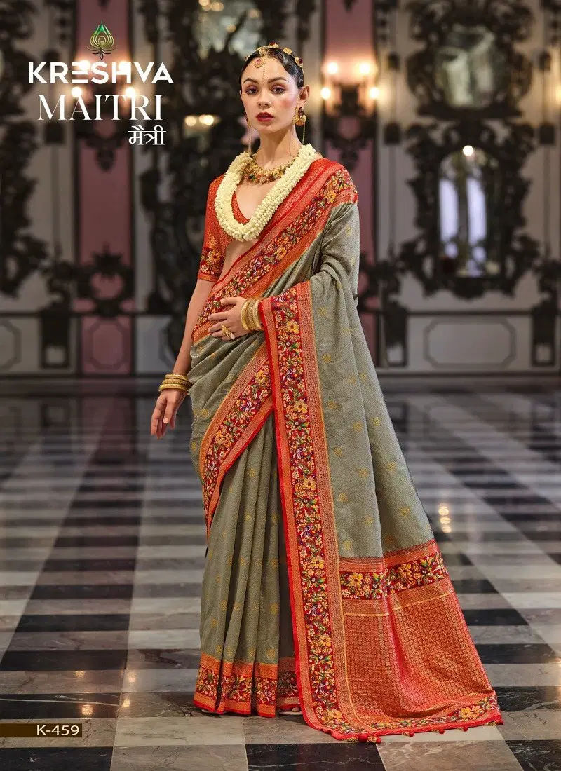 Grey Colour Maitri By Kreshva Banarasi Silk Saree Wholesale Shop In Surat K-459