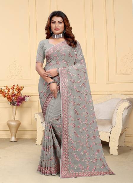 Grey Colour Mrunal By Utsavnari Designer Resham Embroidery Wear Saree Manufacturers 2243