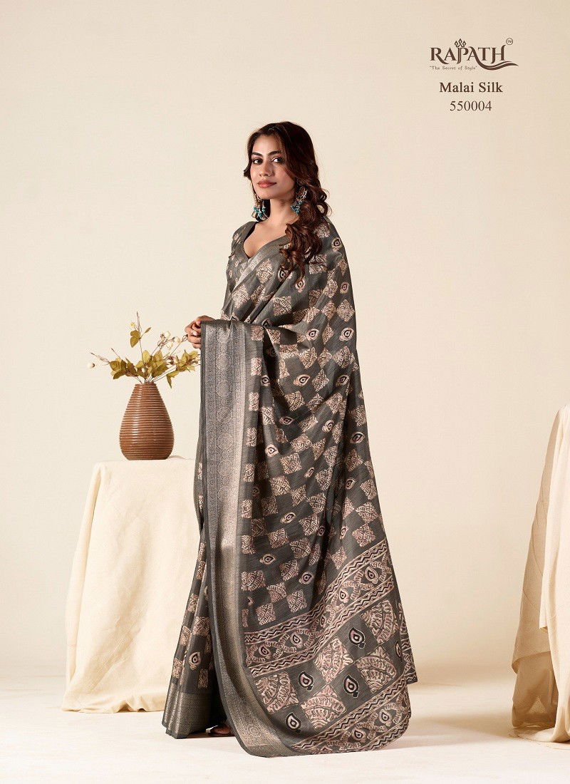 Grey Colour Mul Mul By Rajpath Foil Printed Soft Dola Silk Designer Saree Suppliers In India 550004