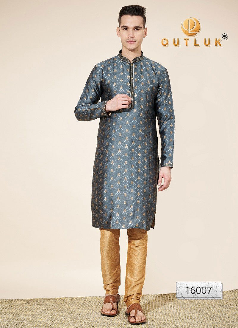 Grey Colour Outluk Wedding Collection Vol 16 Pintex Jaquard Mens Kurta Pajama Manufacturers 16007