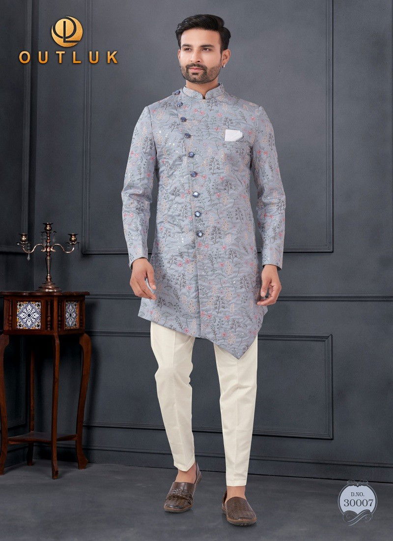 Grey Colour Outluk Wedding Collection Vol 30 Silk Mens Wholesale Indo Western Manufacturers 30007