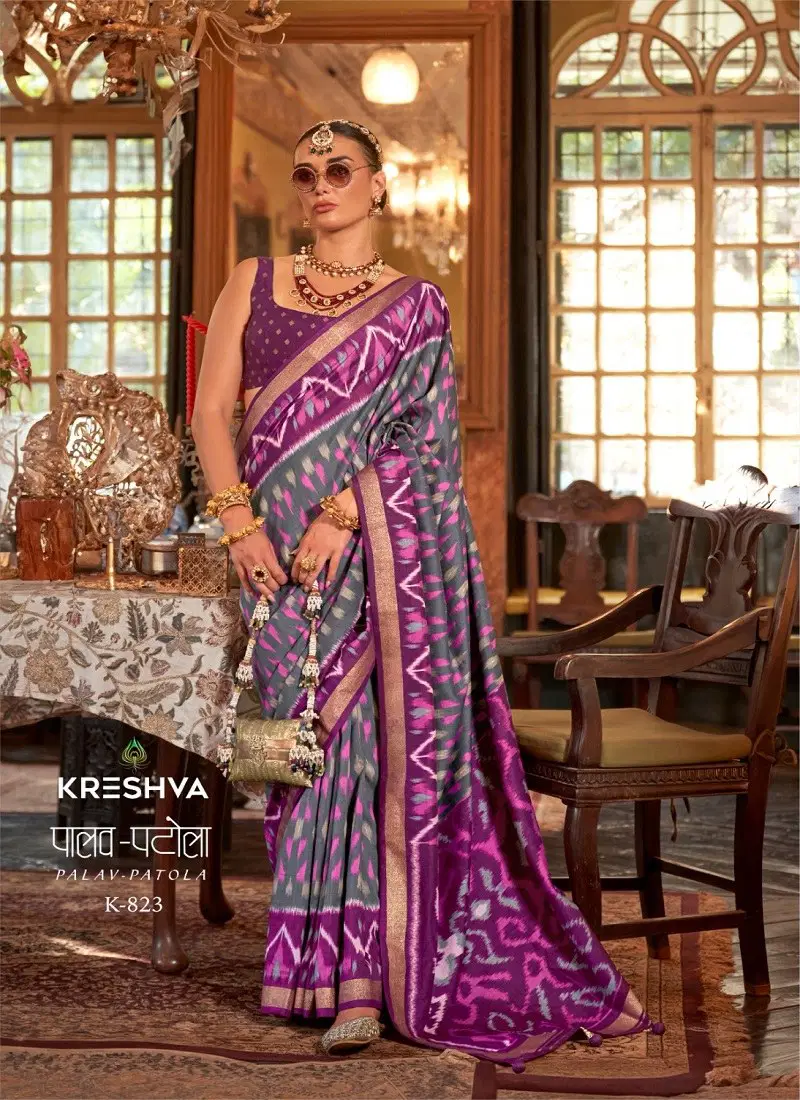 Grey Colour Palav Patola By Kreshva Pv Silk Designer Saree Suppliers In India K 823