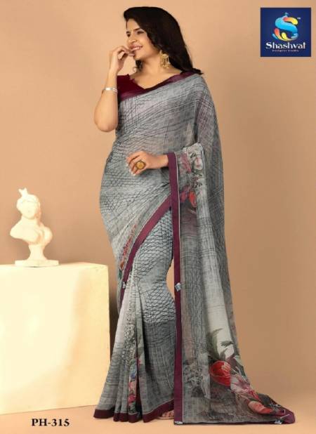 Grey Colour Panchi 3 By Shashvat Digital Printed Designer Bamber Silk Saree Wholesale Online PH-315