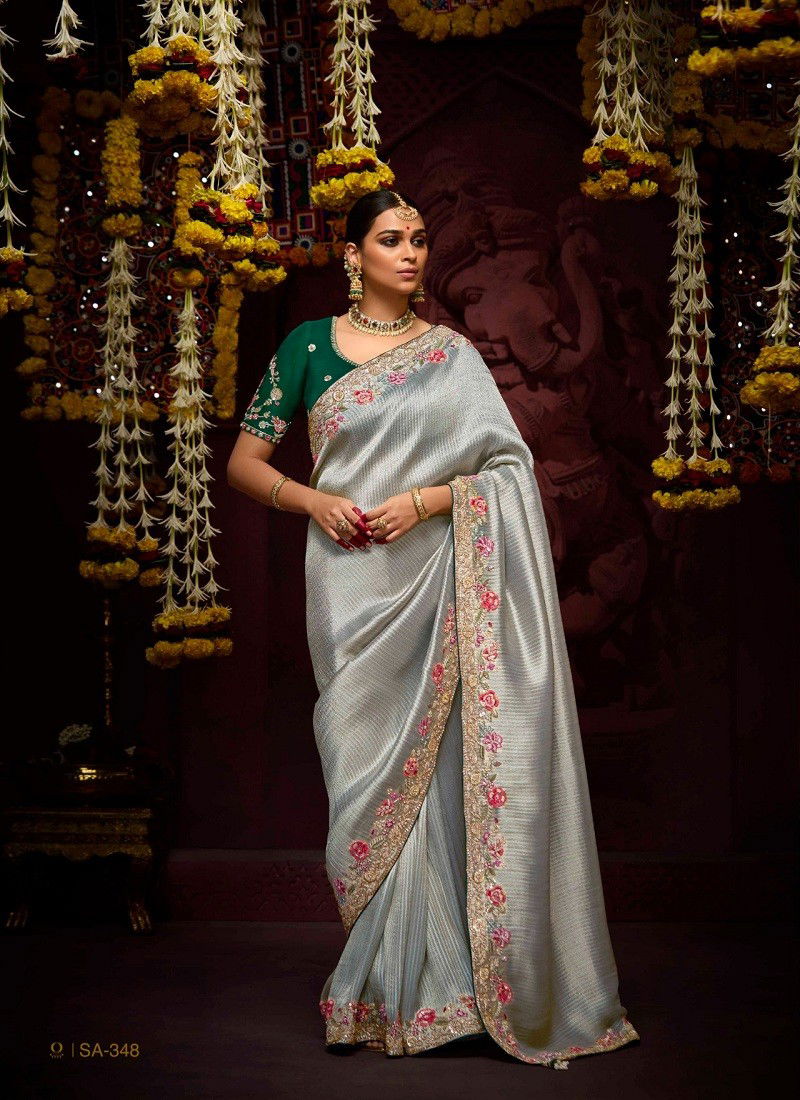 Grey Colour Prasang By Kimora Banarasi Kanjivaram Wedding Wear Saree Orders In India SA-348