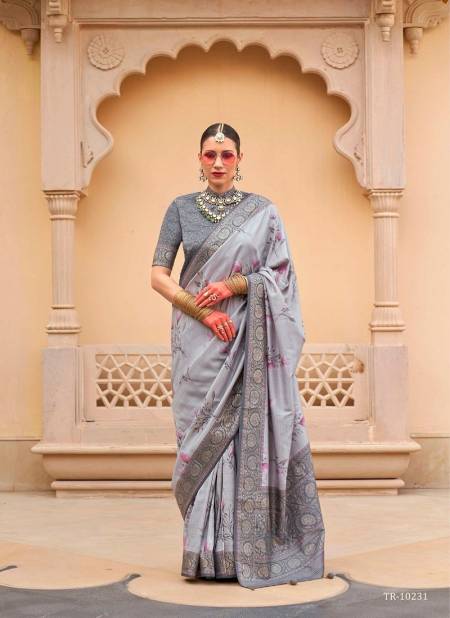 Grey Colour Pushpavatika By Trirath Floral P V Silk Printed Saree Wholesale Shop In Surat TR-10231