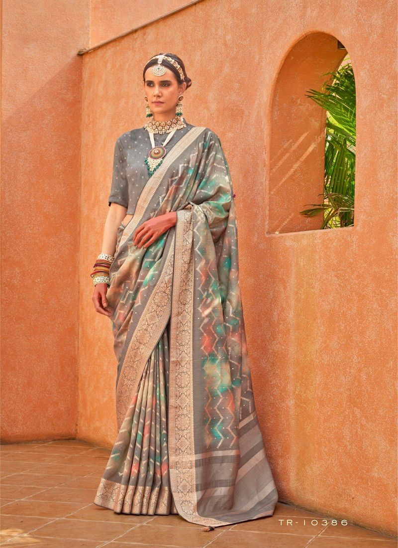 Grey Colour Rang Tarang By Trirath P V Silk Foil Printed Saree Wholesale Shop In Surat 10386