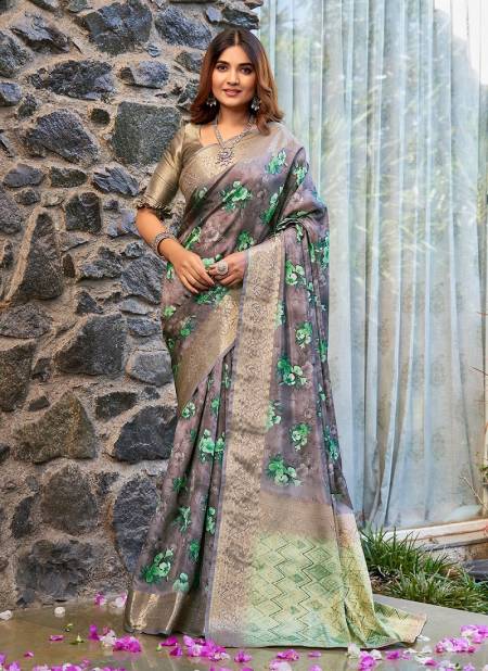 Grey Colour SS 173 Flower Printed Litchi Jacquard Womans Saree Wholesalers In Delhi DS-108