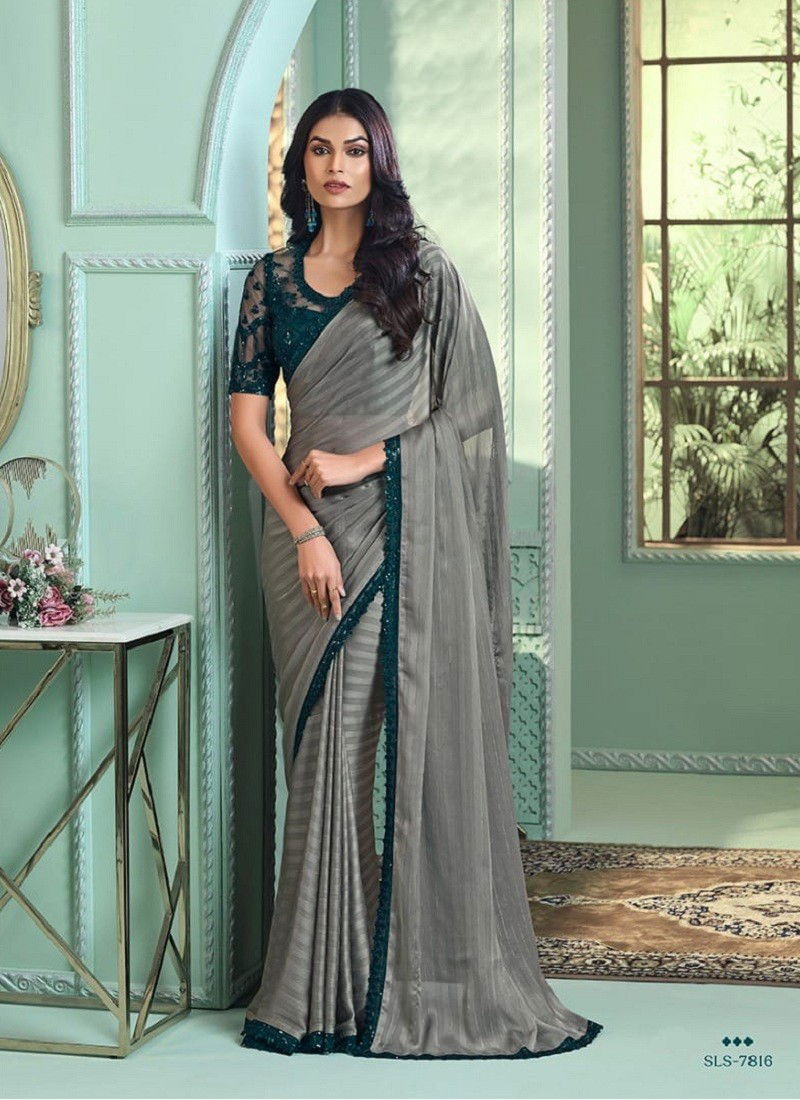 Grey Colour Salsa Style 3 By TFH Party Wear Designer Sarees Wholesale Clothing Suppliers In India SLS-7816