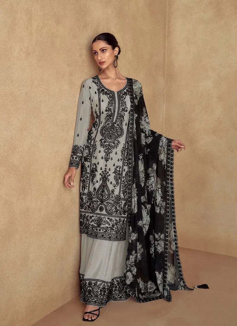 Grey Colour Sofiya By Aashirwad Premium Chinnon Silk Readymade Suits Exporters In India 10069