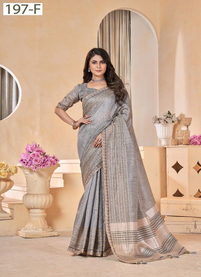 Grey Colour Sumitra 197 A To F Linen With Gota Coding Work Border Saree Orders In India 197-F