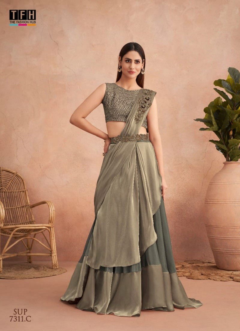 Grey Colour Super Star Hit By Tfh Designer Function Wear Readymade Saree Orders In India Sup 7311.C