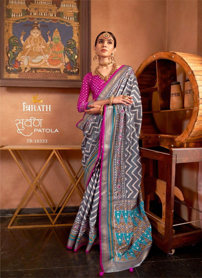 Grey Colour Suwarna Patola By Tirath Mercerized Sigma Silk Occasion Wear Wholesale Saree In India TR-10333