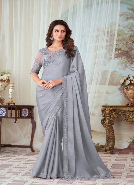 Grey Colour Tfh Glorious Silk Party Wear Saree Catalog 27003 F
