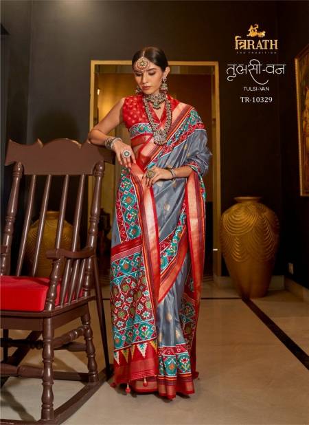 Grey Colour Tulsi-Van By Trirath Mercerized Sigma Silk Printed Saree Exporters In India 10329