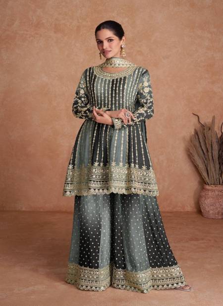 Grey Colour Vaani Vol 2 By Gulkayra Real Chinon Sharara Readymade Suits Exporters In India 7407-K