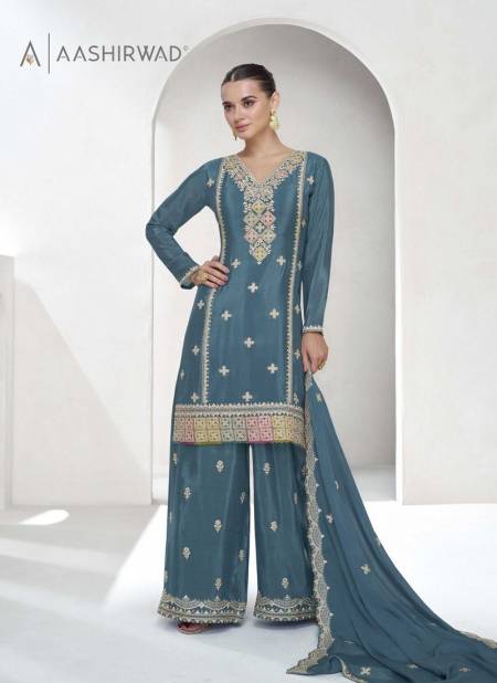 Grey Colour Vaanya By Aashirwad Designer Chinon Silk Readymade Suits Orders In India 10037