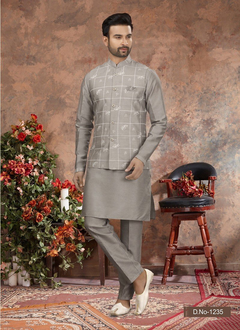 Grey Colour Vol 11 Function Wear Mens Modi Jacket Kurta Pajama Wholesale Online 1235