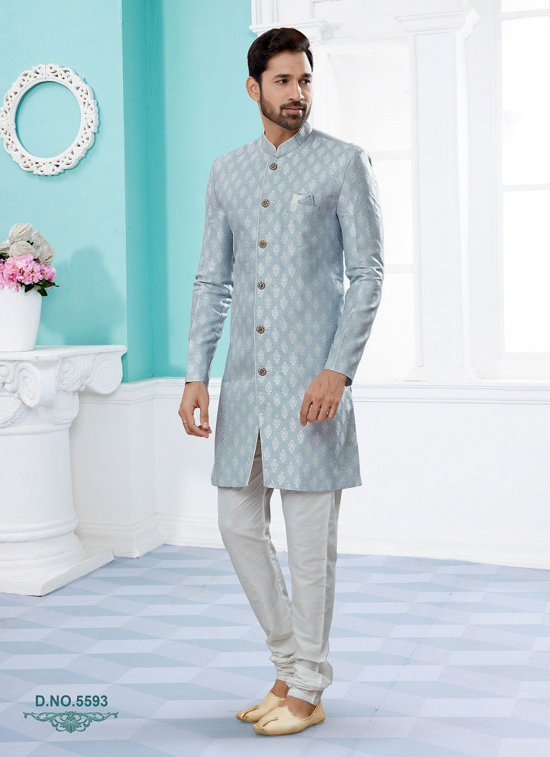 Grey Colour Vol 14 Party Wear Mens Sherwani Wholesale Shop In Surat 5593