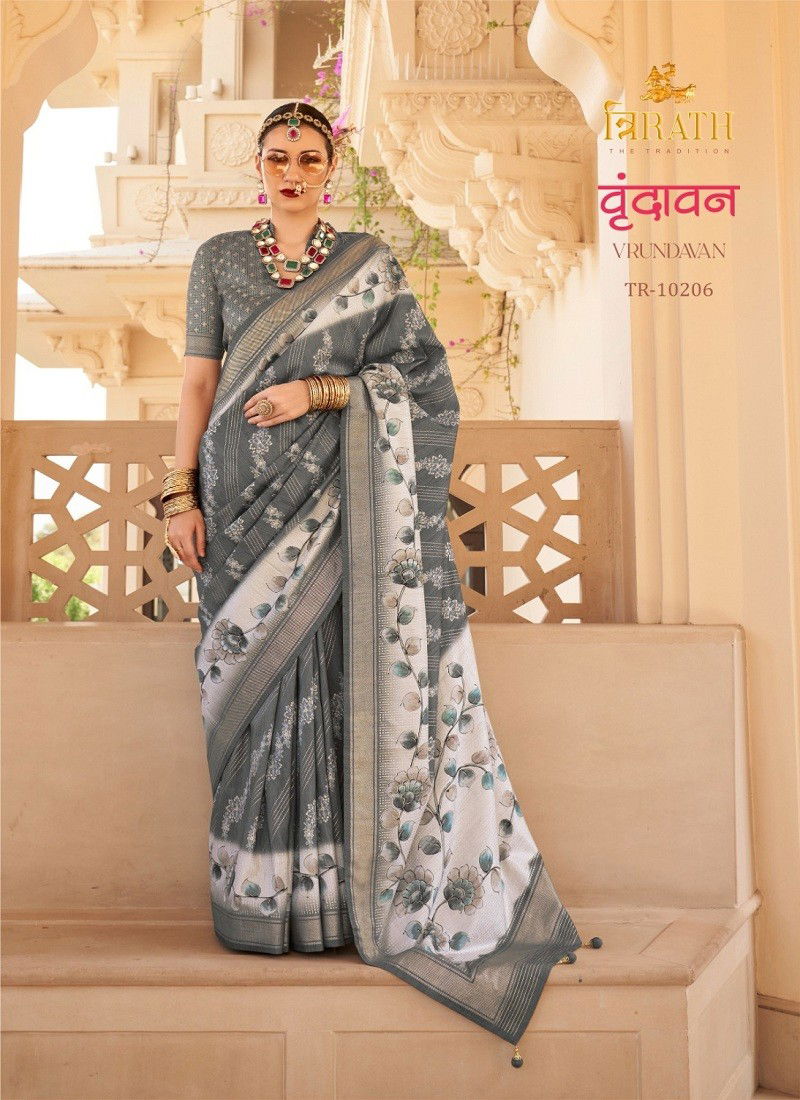 Grey Colour Vrundavan By Trirath Pv Silk Flower Foil Printed Saree Wholesale Shop In Surat TR-10206