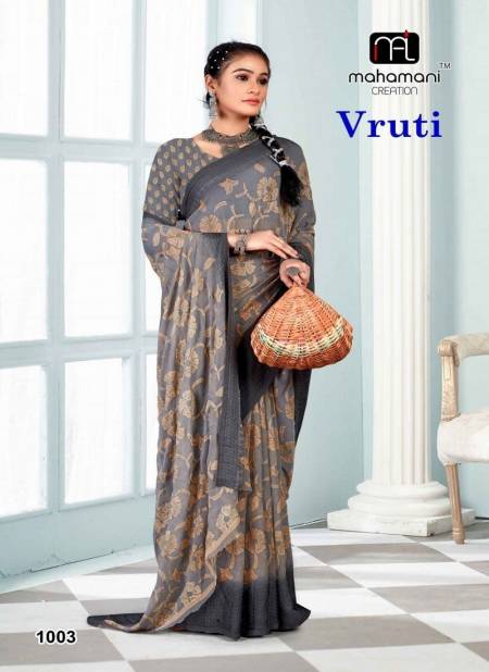 Grey Colour Vruti 1001 To 1006 By Mahamani Creation Foil Print Saree Wholesale Shop In Surat 1003