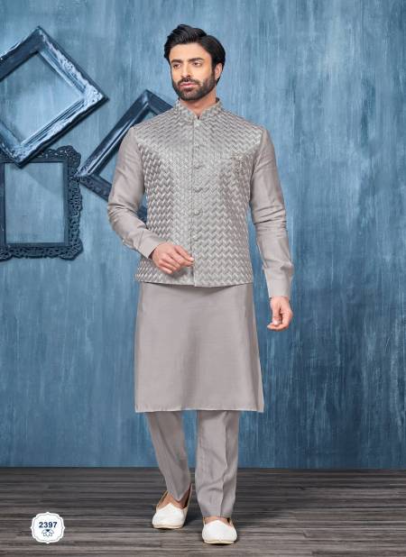 Grey Colour Wedding Wear Art Embroidered Banarasi Silk Mens Modi Jacket Kurta Pajama Wholesale Manufacturers 2397