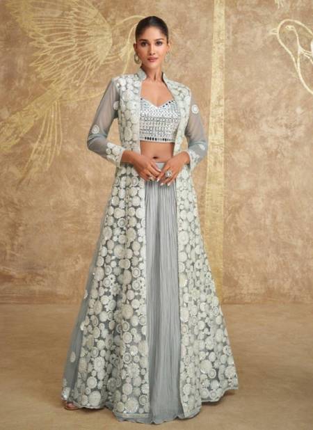 Grey Colour Zoya By Sayuri Designer Georgette Indo Western Lehenga Wholesale Online 5628