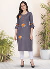 Grey Cotton Silk Handwork Designer Elegant Party Wear Kurtis 7081