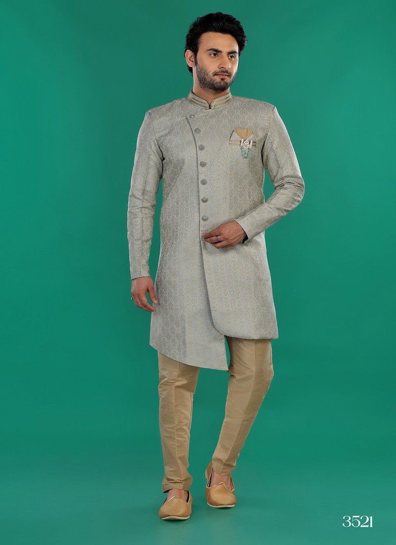 Grey Gold Colour 1646 2 Function Wear Mens Indo Western Surat Wholesale Market 3521